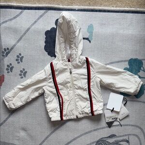 Moncler Kids White Jacket with Red and Black Stripes